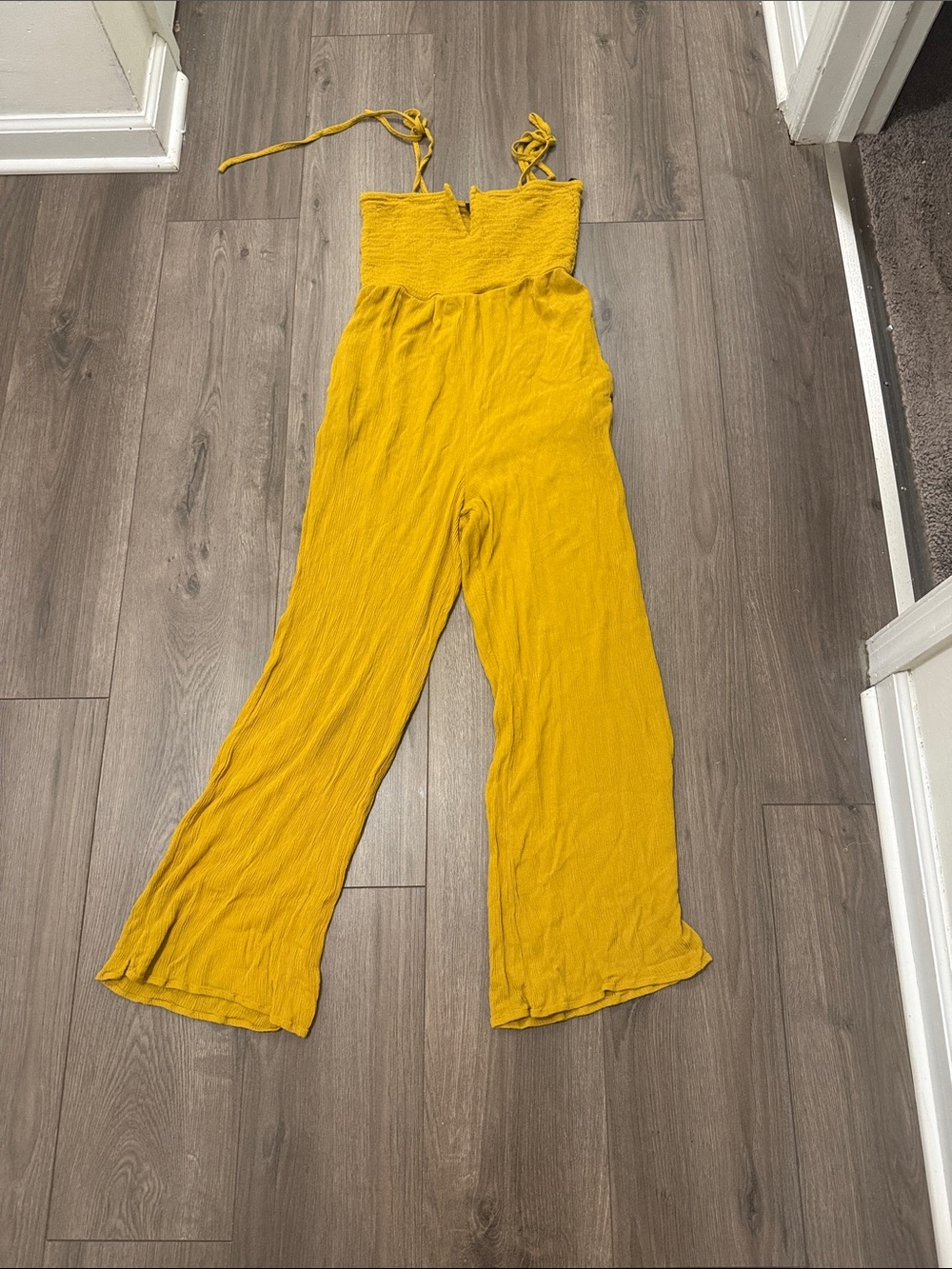 Forever 21 Mustard Yellow Smocked Wide-Leg Jumpsuit